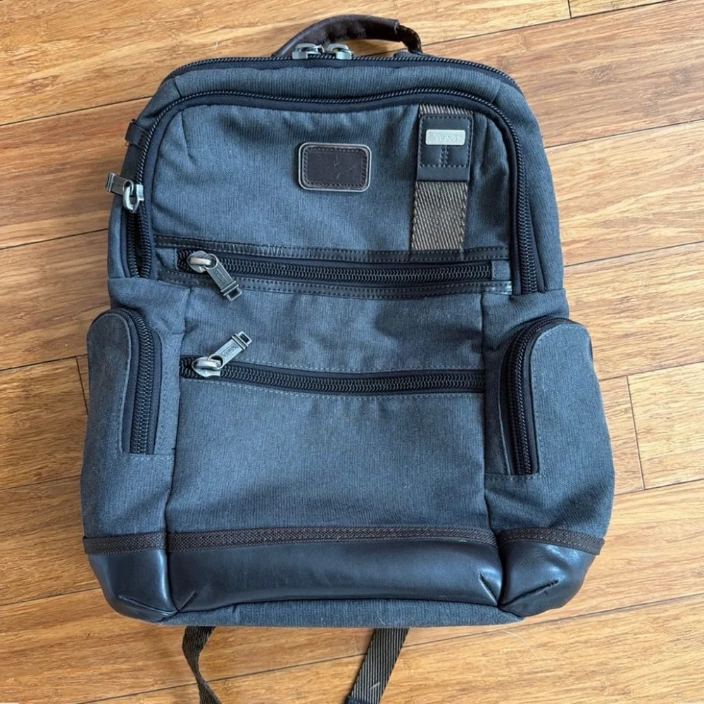 Tumi Gray Black Canvas Backpack with Leather Trim